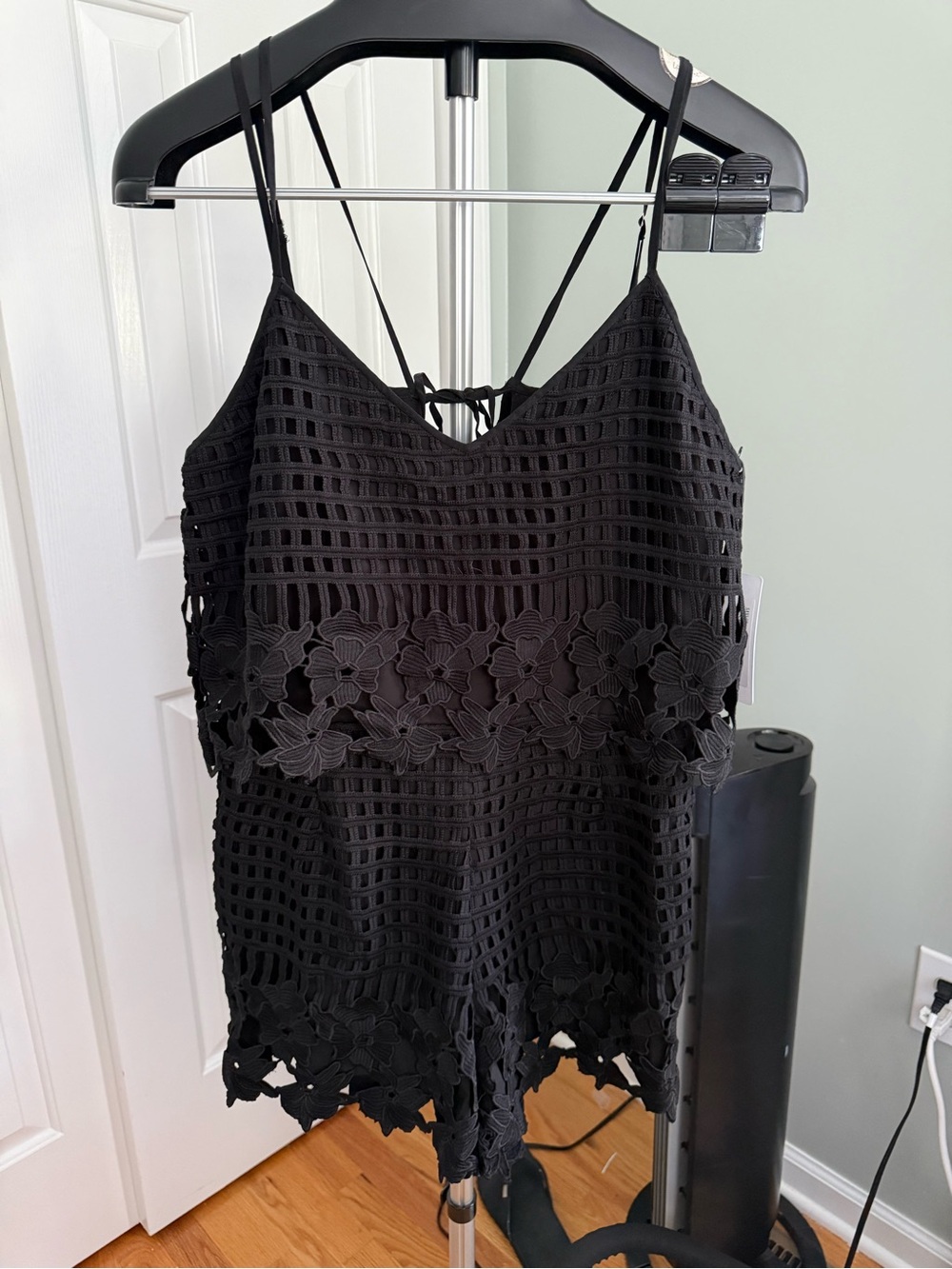 Saylor Black Floral Crochet Open Back Cover Up Dress NWT Large Boho Coastal